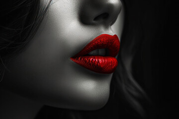 Glamour portrait of beautiful young female woman with red lips on black background.