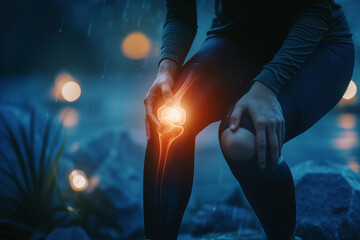 Person Holding Knee in Pain with Futuristic Glowing Highlight on Dark Background