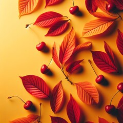 several red fallen autumn cherry leaves on a yellow paper background flat lay. banner