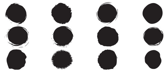 Brush circles round shape Stock black color design set.