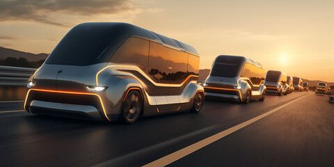 Fototapeta na wymiar Modern Transport Image A photo of a solar powered electric vehicles on road in a line with sunset background Ai Generative
