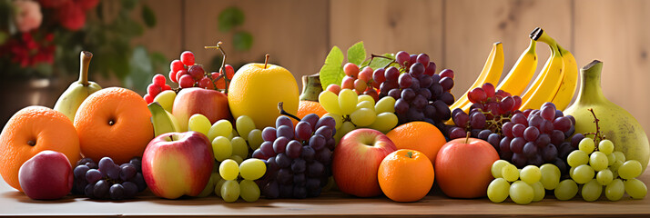 Bountiful Harvest: An Array of Colorful, Fresh Fruits on a Wooden Table Illuminated by Natural Light