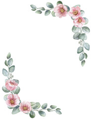 Eucalyptus frame, wreath with spring flowers, rectangular, square. Watercolor illustration