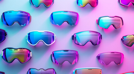 Various iridescent ski sunglasses on a pink and blue wall.