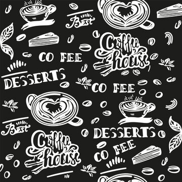Hand drawn black and white seamless pattern of coffee and lettering on a black background. Can be used for coffee shops and restaurants


