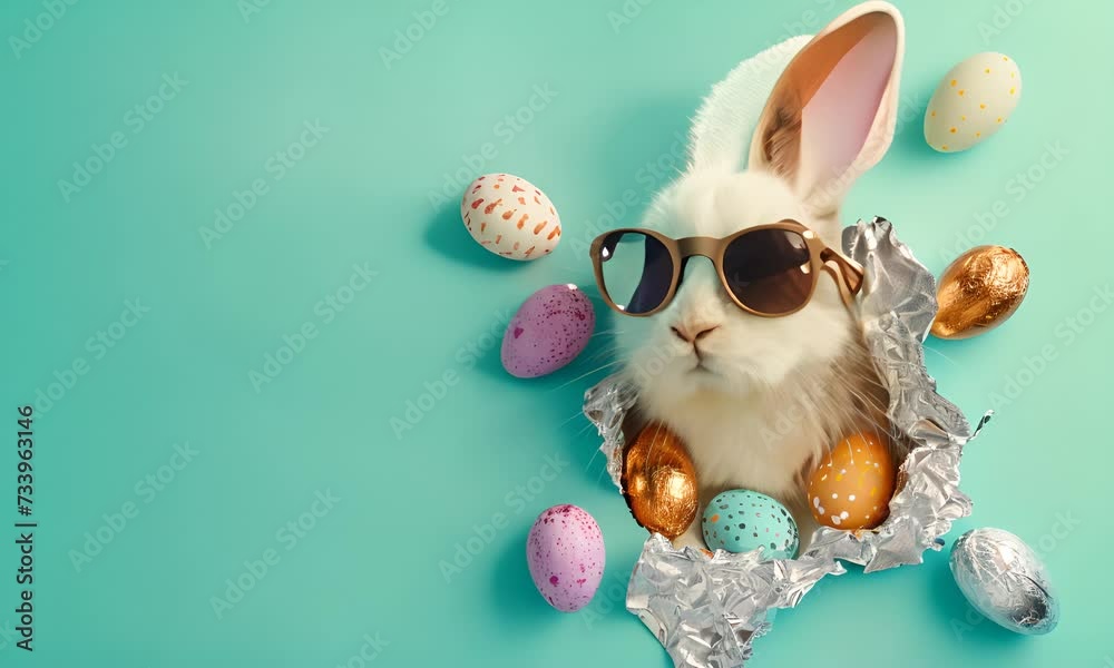 Wall mural cute easter bunny with sunglasses looking out of a background surrounded by chocolate easter eggs