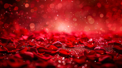 red valentines day roses petals sprinkles confetti for a holiday celebration on 14th february 2024. shiny red lights. wallpaper background for ads or gifts wrap and web design and banners cards