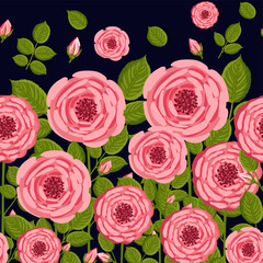 Seamless pattern with blooming roses. Vector floral illustration for postcard, poster, fabric, wrapping paper, decor etc. Flowers for spring and summer holidays. Festive template can add text.