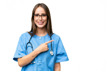 Young nurse caucasian woman over isolated background pointing to the side to present a product