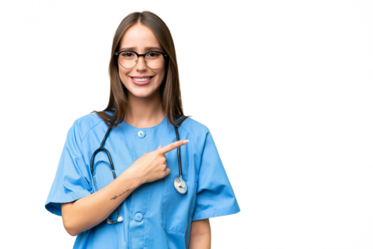 Young nurse caucasian woman over isolated background pointing to the side to present a product