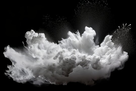 White powder explosion against dark background. Generative AI.