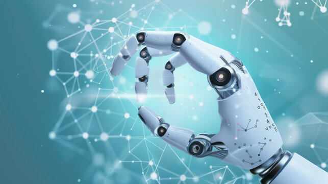 Robot hand and medical artificial intelligence. Medical diagnosis AI. Health tech. AI diagnostics. Health diagnosis technology. Big data healthcare. Healthcare analytics. Healthcare innovation
