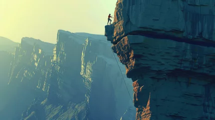 Deurstickers Rock Climbing Challenge. A Climber Scaling a Sheer Cliff Face  © oldwar