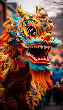 Lion mask at the chinese lunar new year parade in Paris.