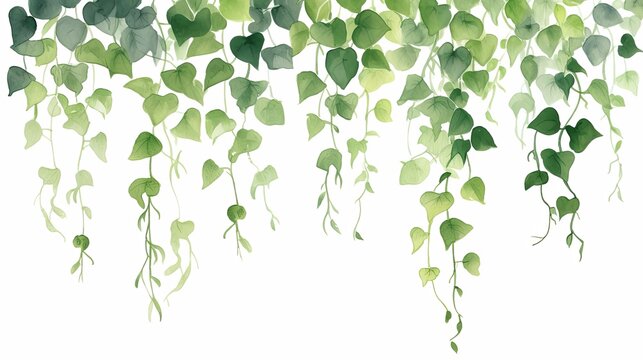 A beautiful watercolor boho vector art illustration wall art print pretty elegant hanging ivy garland vines, sparse leaves, romantic, dreamy, cute, lush green colors, healthy greenery, white flowers.