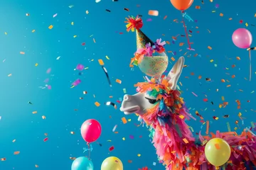 Gordijnen Traditional Mexican party with  llama pinata on a vibrant pink background, confetti, balloons © World of AI
