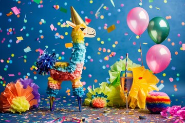 Traditional Mexican party with  llama pinata on a vibrant pink background, confetti, balloons