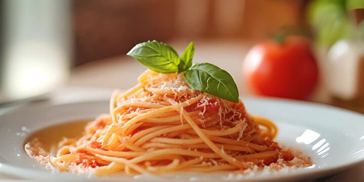 A plate of spaghetti with tomato and basil. The concept of Italian cuisine.