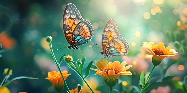 Two butterflies on daisy flowers against a bokeh background. The concept of nature's beauty and butterflies.