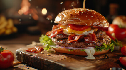 Delicious burger with tomatoes, lettuce, cheese, beef patty and bacon on a wooden board with spices and fresh vegetables at the back. Close up. Fast food menu, yummy burger recipe - Powered by Adobe
