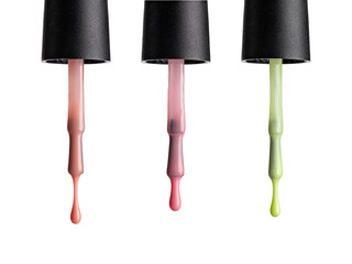 Set of three nail polish or uv gel brushes with drops - obrazy, fototapety, plakaty