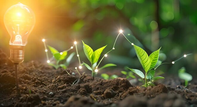 Light bulb with plant sprouts and growth graph on the background of soil and green leaves. The concept of innovation and ecological development.