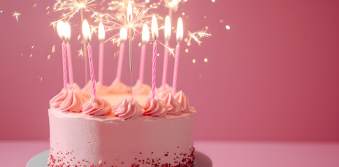 Birthday cake with many pink birthday candles and sparklers against a pink background with copy space