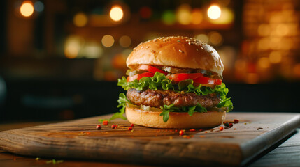 Delicious hamburger with tomatoes, lettuce, beef patty and pickles on a wooden board with spices on...