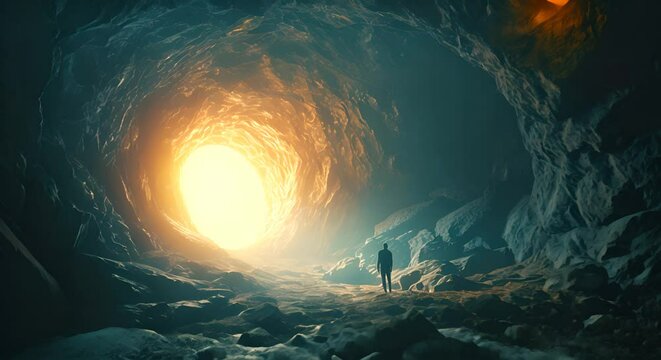 A person standing inside a cave illuminated by light from an opening. The concept of adventure and exploration.