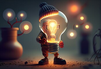 3D Character with Light Bulb Above His Head. Generative AI