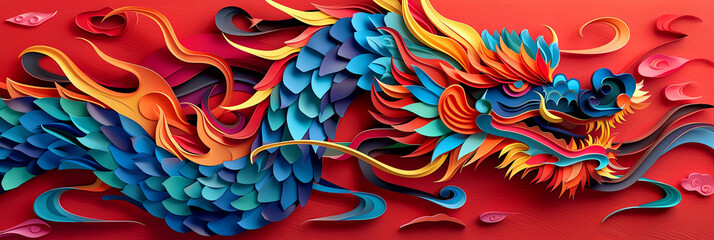 Chinese style dragon colorful illustration. Year of the dragon. Wide format image.  - obrazy, fototapety, plakaty