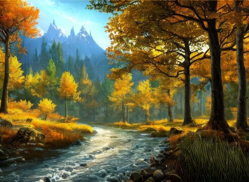 landscape painting, landscape scenic view in a green forest with plants