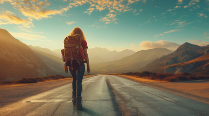 Woman With Backpack Walking Down Middle of Road - obrazy, fototapety, plakaty