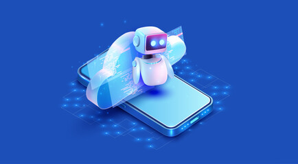 Futuristic Robot and Smartphone Integration digital cloud concept. A high-tech digital illustration of a friendly robot emerging from a smartphone, symbolizing advanced AI and mobile technology.