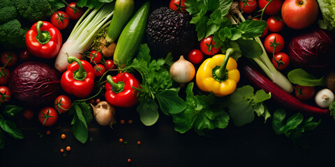 Top view of various salad vegetables on the dark black background resh vegetables on black background Food background Ai Generative
