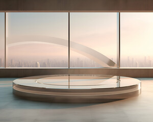 Empty round podium in the interior with city view. 3D Rendering