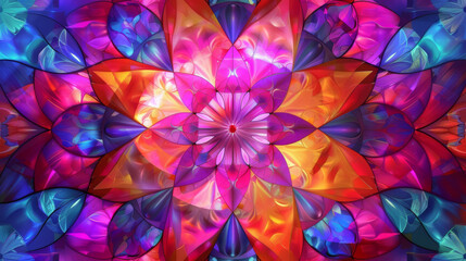 Stained glass abstract background. Fractal flower pattern in vibrant colors. Kaleidoscope art. Digital fractal design. Flower pattern in abstract stained glass. Symmetry design 