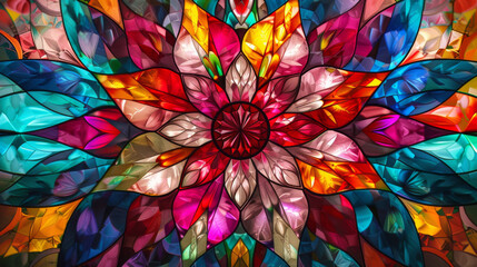 Fototapeta na wymiar Stained glass abstract background. Fractal flower pattern in vibrant colors. Kaleidoscope art. Digital fractal design. Flower pattern in abstract stained glass. Symmetry design 