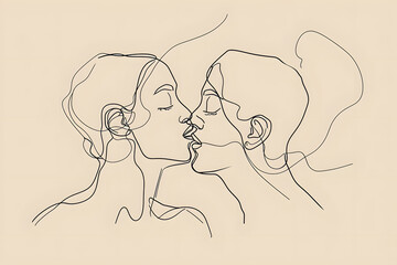 Abstract kiss, romantic continuous line poster in modern style with silhouette of kissing couple