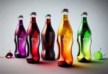 Different beverages in transparent bottles Realistic colas and lemonades, complete with colored liquids or water (in this case, red, green, purple, pink, and brown) on a white backdrop. Generative AI