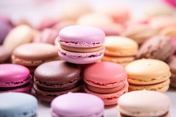 Fototapeta na wymiar Tasty french macaroons background. Mother's day, independence woman's day. Sweets and desserts.