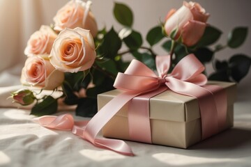 Elegant present gift box with satin ribbon and pastel color fresh roses on table