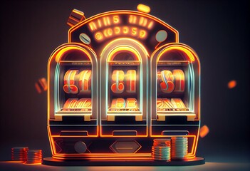 Abstract gambling concept image for mobile casinos offering free spins rounds on slot games. 3D illustration with wireframe style computer generated 5-reels slot machine and a neon sign. Generative AI