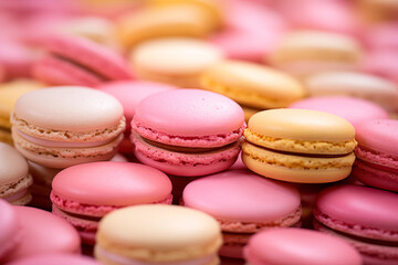 Fototapeta na wymiar Tasty french macaroons background. Mother's day, independence woman's day. Sweets and desserts.