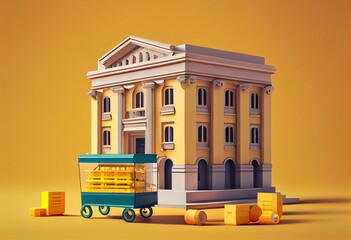 Bank operations. bank building and a trolley with coins next to it on a yellow background. 3d render. Generative AI