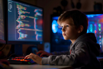 Focused developer kid coder working on computer looking at programming code data, investor or trader using data for trading stock market