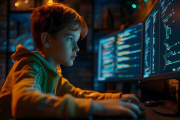 Obraz premium Focused developer kid coder working on computer looking at programming code data, investor or trader using data for trading stock market