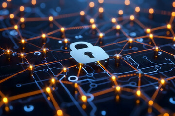 padlock on digital technology background, safety of information and data in online or social