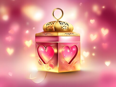 Illustration of Happy Valentine's Day Background with Luxurious Lantern and Heart Shaped Lamp Decoration. Celebration concept background with blurred heart shape