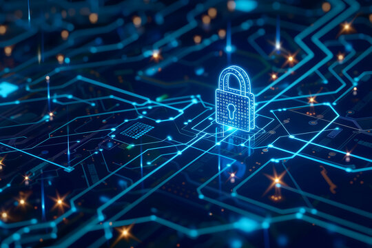 padlock on digital technology background, safety of information and data in online or social